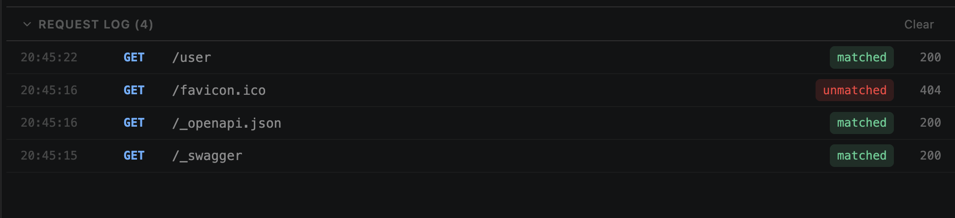 Request log showing matched and unmatched requests with timestamps